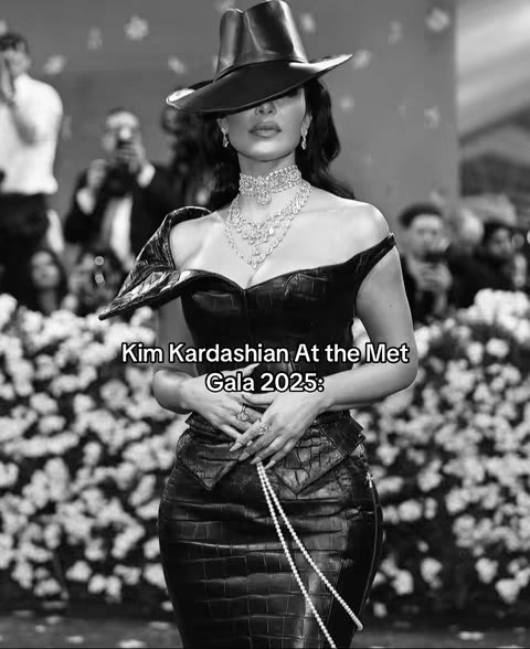 A black and white photograph featuring Kim Kardashian at the Met Gala. She is wearing a black, off-the-shoulder dress with a matching hat that obscures her eyes. She has a necklace and her hands are crossed in front of her waist, holding a pearl necklace. The background is blurred, likely a crowd at the event.