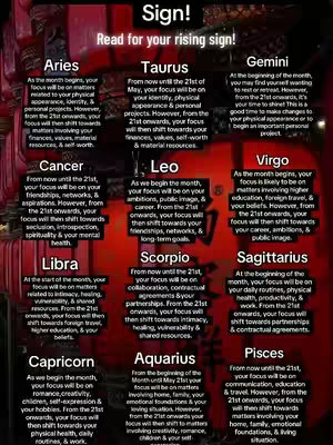 A vertical image featuring a red background with text, a list of zodiac signs, and associated horoscopes for May.