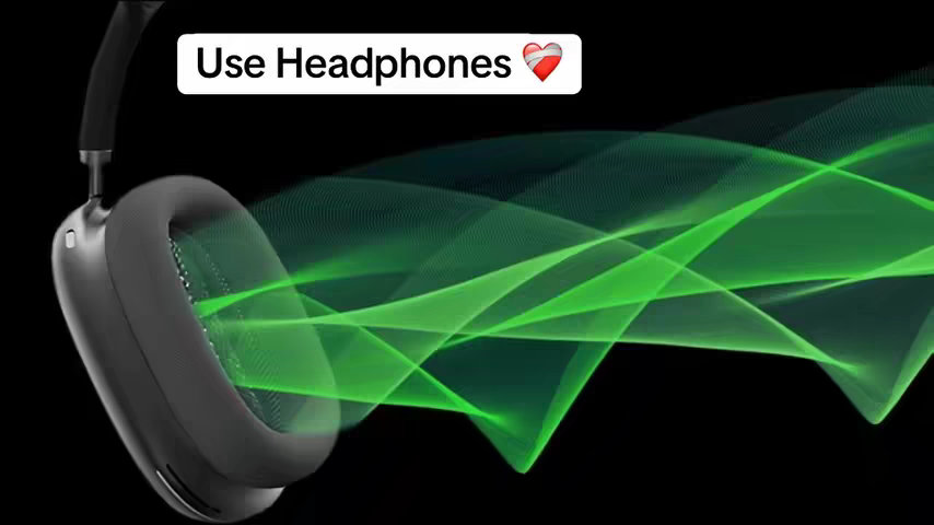 The cover image features a pair of black headphones angled diagonally from the left, with a white text box that says 'Use Headphones' with a heart emoji in the top portion of the image. Vibrant green lines originate from the ear cups, spreading out to the right across a dark background, suggesting sound waves in a 3D or 8D audio track.