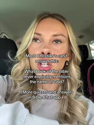 A woman with blonde hair is seated in a car, looking up and slightly to the right. Text overlays ask a trivia question about the Bible and mentions a Bible app.