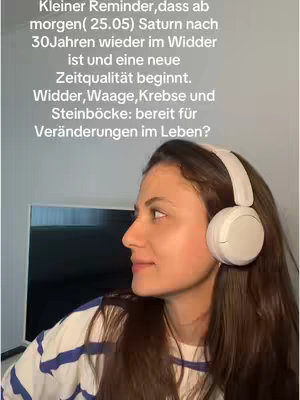 A woman in a white shirt, with headphones, is seen in profile, looking slightly upwards. Text in German is overlaid on a white background, discussing astrological events.