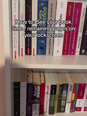 The image showcases two shelves of books, densely packed. The top shelf features books of various colors, with titles and authors visible like "Sapiens" and "Atomic Habits." The bottom shelf, slightly out of focus, has a similar array of books. A text overlay in the middle announces a tutorial or guide about book time and pages.
