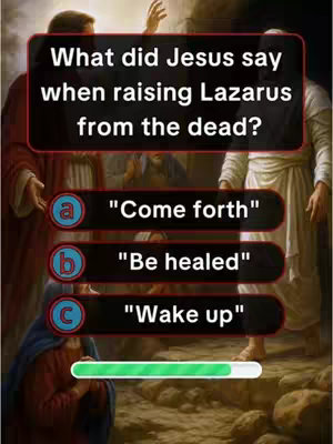 The image is a question from a bible quiz, posed on a backdrop of a church scene. A red rectangular textbox at the top poses the question, followed by three answer choices labeled a, b, and c in separate boxes. A progress bar is shown at the bottom. The image uses subdued lighting and colors.
