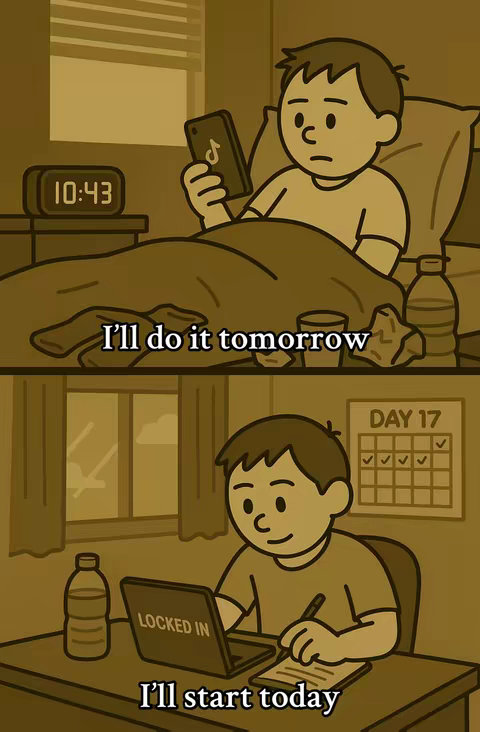 The image is a split illustration, sepia-toned, depicting a cartoon man in two scenarios. The top half shows him in bed, looking at a phone with a social media logo, the clock showing 10:43. Text overlay reads, “I’ll do it tomorrow.” The bottom half shows the same man sitting at a desk with a laptop labeled “LOCKED IN”, and a calendar showing multiple checked days, suggesting consistency, and a pen and notebook. Text overlay says, “I’ll start today.”