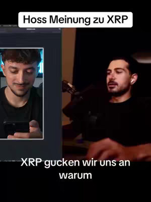 The cover image displays a split screen. On the left, a man is looking at his phone with a slight smile, set against a backdrop of what seems to be a partially visible computer display with UI elements. On the right, another man speaks into a microphone in a dimly lit studio setting. The overlayed text reads, 'Hoss Meinung zu XRP' and 'XRP gucken wir uns an warum.' The color palette is somewhat muted, with darker tones that add to the overall contrast.