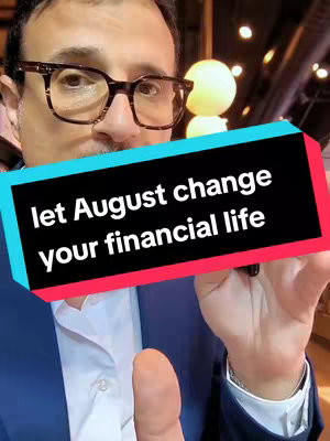 A man wearing glasses holds his hand up, with a text overlay that says, "let August change your financial life."