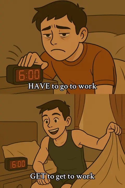 A split-panel cartoon showing a man in bed. The top panel shows him looking tired with the alarm at 6:00 am. The bottom panel shows him with a smile looking excited to get up, also with the alarm at 6:00.