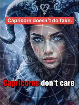 A digitally enhanced image features a woman with pale skin, piercing blue eyes, and dark hair. She has horns and a constellation-themed overlay with red text. The composition is dominated by her face, set against a celestial background; the overall effect is both mystical and assertive.