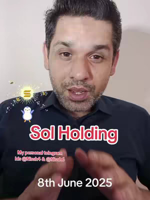 A man with dark hair and stubble is centered in the frame, looking slightly to the side and speaking. Above him, a text overlay reads "Sol Holding" in a bold font with a red outline, set against a background of a light-colored wall. To his upper left is an animated graphic featuring a golden sun-like emblem surrounded by sparkling points and a cartoonish penguin. Below the text, additional text in a smaller font indicates a personal Telegram account and the date "8th June 2025". The overall composition is well-lit and focused on the man, who appears to be addressing the camera.