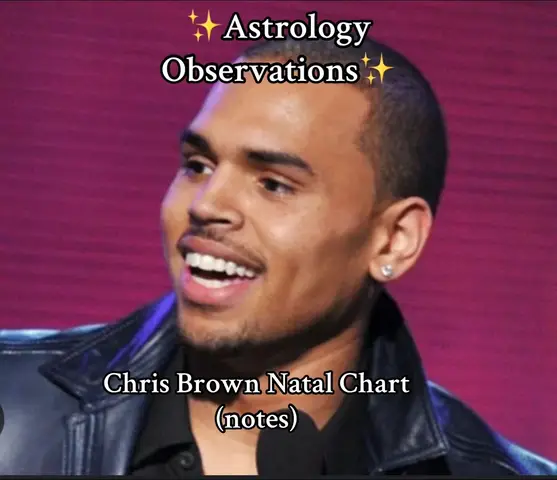 The image displays a medium shot of Chris Brown with text overlays. He's looking off to the side with a slight smile. The background is a solid, dark red-purple color. Overlayed text includes "Astrology Observations", "Chris Brown Natal Chart (notes)", and sparkling star emojis.