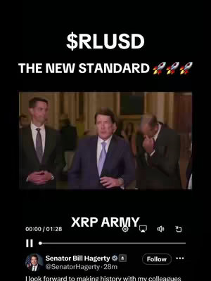 The cover image shows a video clip featuring three men in suits seemingly reacting to news. Overlayed text reads '$RLUSD' and highlights 'THE NEW STANDARD' with rocket ship emojis. The video includes a Twitter post from Senator Bill Hagerty.