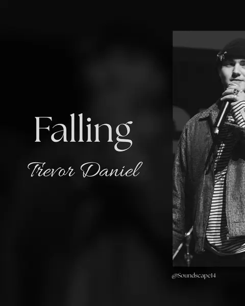 A black and white image with text on the left and an image of a person singing into a microphone on the right. The text reads "Falling" in a large, elegant font, and "Trevor Daniel" below it in a smaller, cursive font. The background is black, with the image of the person on the right side. The person is wearing a jacket, striped shirt, a bandana and holding a microphone, with a blurred background. The overall color scheme is grayscale.