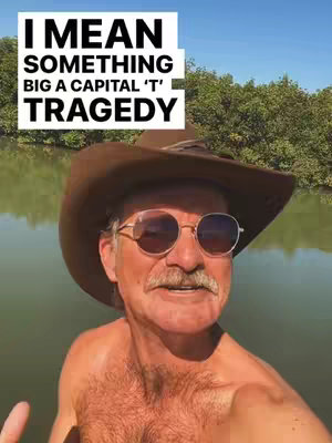 A man in a cowboy hat and sunglasses, smiles, and a text overlay. The background features a body of water and trees.