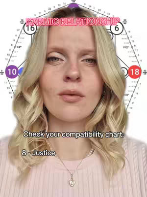 A medium close-up shows a fair-skinned woman with blonde, wavy hair. She has gentle facial features and light-colored eyes. Above her head, a graphic represents an astrology chart with neon pink text 'KARMIC RELATIONSHIP'. Below her, text reads 'Check your compatibility chart: 8 - Justice'. She's wearing a light pink top and a delicate necklace with a heart-shaped pendant.