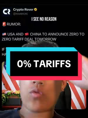 A selfie-style image with a young man in the foreground. A large black rectangle is positioned in front of the man, with the words "0% TARIFFS" in large white text. Behind the man and the rectangle are images of the American flag and other text based graphics.