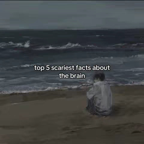 A person sits on a sandy shore, facing away from the camera, with a vast ocean in the background under an overcast sky. Text overlayed in the image reads: 'top 5 scariest facts about the brain'.