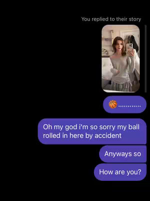 Screenshot of a texting conversation overlaid on a black background. A profile picture of a woman posing in front of a mirror is in the top right. The text boxes read the dialogue of a basketball rolling into someone's room, setting up a joke.