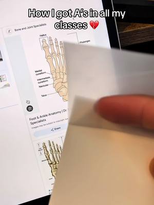 A person is holding a semi-transparent paper in front of a laptop screen that shows an anatomical diagram of a foot and the caption "How I got A's in all my classes". The diagram has labels pointing to different parts of the foot bones. The person's finger is visible on the right, holding the paper. The background appears to be a wooden surface.