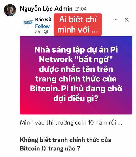 The image is a screenshot of a social media post with a profile icon in the top left, a red rectangular overlay with white text and several other blocks of text. The central text block contains a gradient of pink to purple and text, discussing the announcement on the Bitcoin official website related to the website of Pi Network. The top text reads 'Ai biet chi minh voi', and the post's body is in vietnamese.