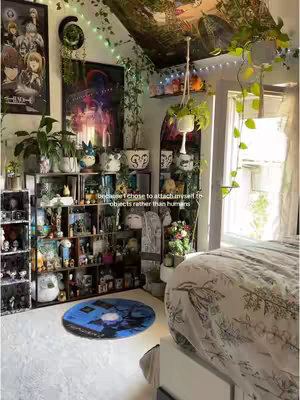 A well-lit, aesthetically arranged room tour. Shelves filled with collectibles and anime-related items are the focal point, with plants and a bed visible. The composition is dense and inviting, creating a sense of a personalized space.
