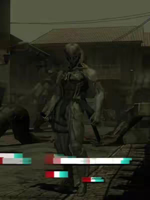 The image shows a character from a video game, Metal Gear Solid. The character is in a ruined urban area with a futuristic design. The color palette leans towards muted greens and grays.