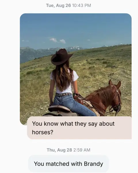 A woman wearing a cowboy hat and jeans sits on a brown horse, facing away from the camera. The background shows a hilly landscape under a clear blue sky. The composition is set within a chat bubble, with text overlays.