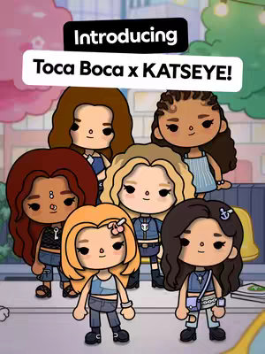 The image is a promotional graphic with a black banner at the top that says 'Introducing Toca Boca x KATSEYE!' Below, seven stylized female characters stand together. They appear to be related, possibly friends or a group, in a colorful, cartoonish setting. The overall composition is bright and cheerful, with a soft background suggesting an outdoor or urban setting.