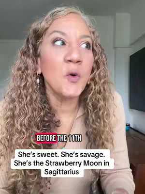 A woman with long, curly hair is looking at the camera and appears to be speaking. Text is placed on the bottom part of the image.