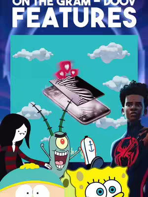 The cover image features a colorful, cartoonish collage. At the top, white text is overlaid on a blue background and says 'ON THE GRAM - DOOV FEATURES'. Below are several cartoon characters including Marceline from Adventure Time, Plankton from Spongebob Squarepants, Milels Morales from Spider-Man and Cartman from South Park. In the center, a pink iPhone is the main focus of the video.