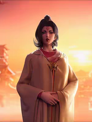 A stylized digital illustration of a woman in a flowing robe, set against a sunset backdrop. She has a serene expression, with a decorative mark on her forehead, with an oriental style landscape in the background.
