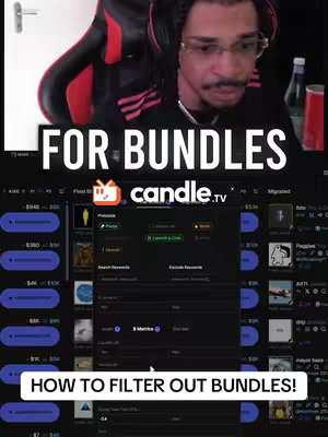 A person with glasses and a headset is centered in the frame, slightly angled towards the right. Across the top, bold white text reads 'FOR BUNDLES.' Below the image is a screen displaying a website interface for a trading platform. The bottom features a white bar with the text 'HOW TO FILTER OUT BUNDLES!' Colors include a dark background, white text, and the bright colors of the platform's interface, creating a contrast between the person and the screen.