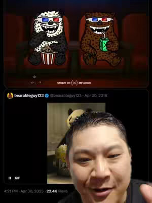 The image is a composite with multiple elements. The top portion displays a cartoon scene of two bear-like characters wearing 3D glasses and sitting in cinema seats with popcorn and a drink. Below this is a screenshot of a tweet with the user information and date, along with a picture of a panda bear character from the same universe with a popcorn bucket. In the bottom portion, a man is seen in a selfie-style video, with the image of the tweet super-imposed on the scene; the man appears to be talking looking at the camera with the image.