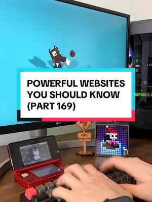 The cover image shows a person's hands typing on a keyboard, with a 3DS and a pixel art display on the desk. Behind them is a computer monitor displaying a cartoon image of a dog with a red ball and a blue background. The screen shows the text overlay 'POWERFUL WEBSITES YOU SHOULD KNOW'.