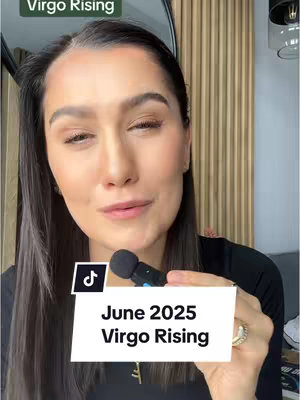 A woman with dark hair is shown from the chest up, speaking directly to the camera with a soft smile. A microphone is held near her mouth. White text overlayed on the image reads "June 2025 Virgo Rising". A small black TikTok logo is present in the corner.