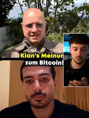 The cover image features three individuals in different frames. The top frame shows a bald man with glasses speaking in front of a blurred background. Below him is a close-up of a man with a beard, looking at the camera. In the inset on the right, a young man is focused on his phone. Text overlay in yellow states 'Kian's Meinung zum Bitcoin!', indicating the video's focus on Kian's thoughts about Bitcoin, likely related to finance or cryptocurrency.