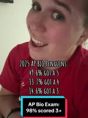 A selfie-style video cover image featuring a woman smiling and looking up slightly. Text overlays with exam result percentages and a call to action for resources are prominently displayed. The background is a simple indoor setting, and the overall composition is bright and engaging.
