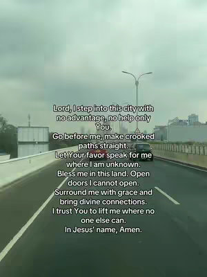 The image shows a view of a road from inside a vehicle. The road is flanked by a bridge on one side and a retaining wall on another. Overcast skies fill the background. Text is overlaid on the image, taking up most of the space.