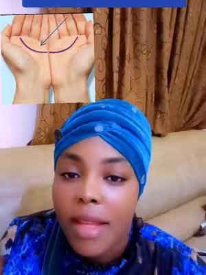 A selfie-style shot of a woman with a blue head covering, gazing directly at the camera. An inset image in the top left shows palms with lines, suggesting a palmistry theme. The background is a blurred interior setting.