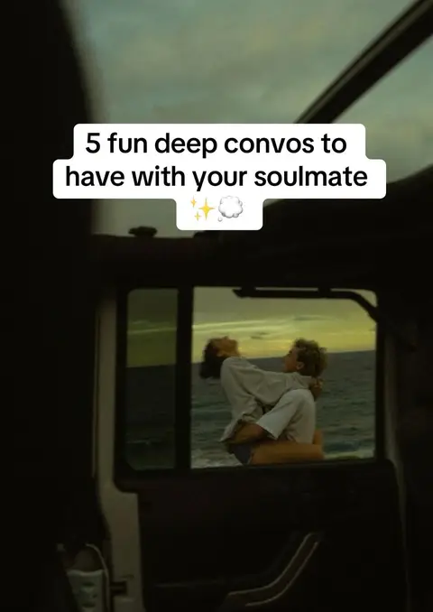 The image presents a couple embracing inside a car, framed by the car window. The sea and sky are visible. Text overlayed in a white box positioned at the top says, "5 fun deep convos to have with your soulmate".