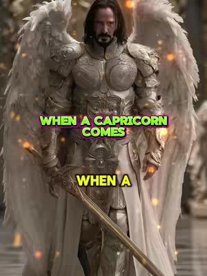 An image of a man dressed as an angel with large white wings and armor. The image has text overlaid with a colorful design.