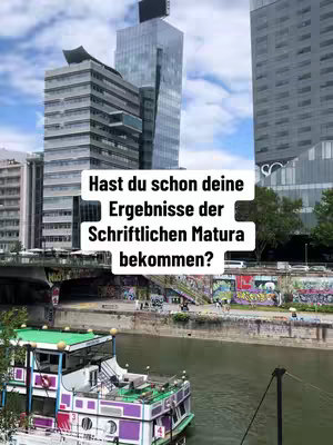 An urban landscape with tall buildings and a river in the foreground. A boat is docked on the riverbank, while a text overlay asks a question about exam results.