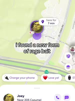 The cover image is a screenshot from a map application. The background is a light green map with roads and place markers. Overlayed is the text "i found a new form of rage bait". The icon of Shrek overlays the map, along with text bubbles, hearts, and charging icons.
