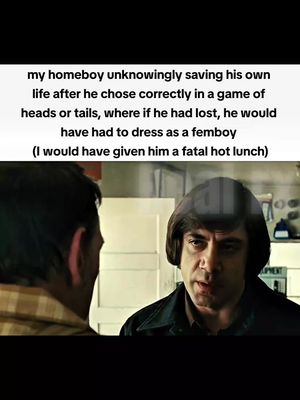 The image is a still from a movie featuring two men in a dimly lit indoor setting. On the left, a man is seen from behind, wearing a flannel shirt. On the right, the focus is on a man with dark hair and a serious expression, wearing a dark jacket. Text overlays are added to the top, referencing an obscure scenario.