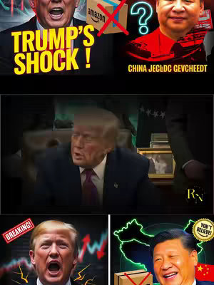 The image is a multi-panel composition. The top left shows a close-up of Donald Trump with the text "TRUMP'S SHOCK !". An Amazon box crossed out by an "X" symbol and a question mark are placed above the text. To the right is a close-up of Xi Jinping with text over it. Below in the middle, it shows an excerpt from a video of Donald Trump in a meeting. At the bottom left, another image of Trump with a "BREAKING!" banner.
