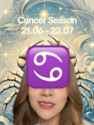 A selfie-style image featuring a woman with long hair, against a backdrop design of blue and gold tones. The words "Cancer Season" are superimposed on the top-left corner, along with the dates '21.06 - 22.07'. A purple square with a white cancer sign emoji covers the woman's face.