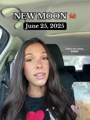 A young woman with long dark hair sits in the driver's seat of a car, holding a clear iced coffee cup. Above her head are text overlays with astrology information. The background shows the car's interior and a blurred outdoor scene.