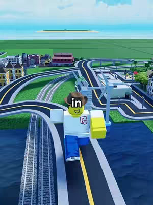 A Roblox character styled avatar wearing a hat and holding a yellow block stands on a road within a Mini City scene. The background displays several buildings.