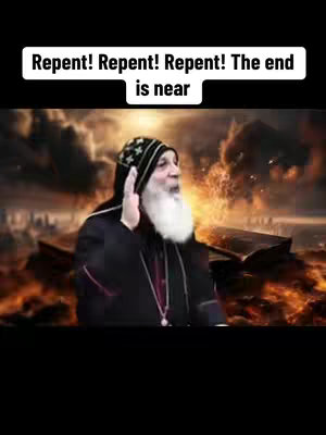 The cover image features a digitally rendered scene. A figure, a religious leader, is at the center. He is dressed in religious attire with a dark robe and head covering decorated with small black patterns. He has a long white beard and is raising his right hand. The background depicts a fiery, apocalyptic landscape with prominent orange and yellow tones suggesting destruction and chaos. In the foreground, there is a book. Above the scene, a white banner with the text overlay 'Repent! Repent! Repent! The end is near'.