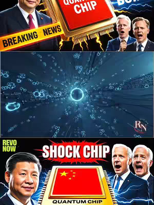 The image is a collage of three sections. The top section displays a graphic with the text 'BREAKING NEWS' over a red chip with Chinese leaders and US leaders looking anxious. The middle section is a swirling blue and black futuristic scene. The bottom section reiterates the quantum chip concept with Chinese leaders with and a stressed-looking American leader.