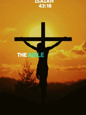 Silhouette of a cross with a person on it against the backdrop of a sunset. The sky is painted with shades of orange and yellow. Below the cross is text that says THE BIBLE.